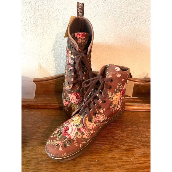Dr Marten Woman's Boots Size 8 Brown Floral Canvas Shoreditch Airware Lace Up - Picture 2 of 12